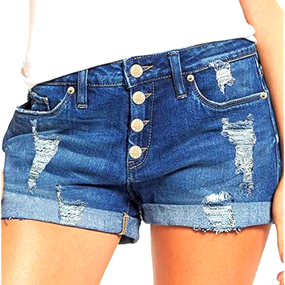 Denim shorts frayed hem distressed button front